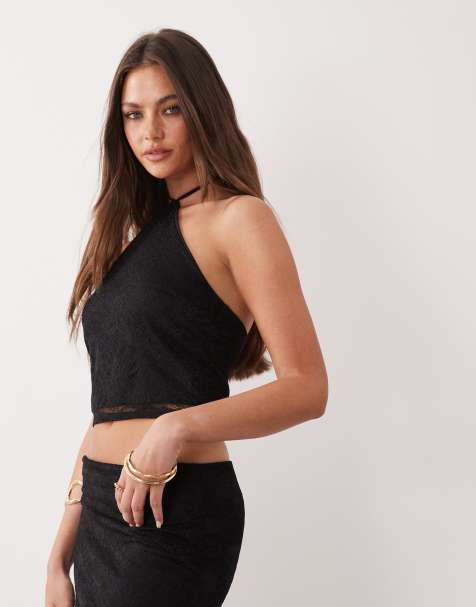 ASOS DESIGN - Sort sæt med top med halterneck og nederdel i blondestof - view 1