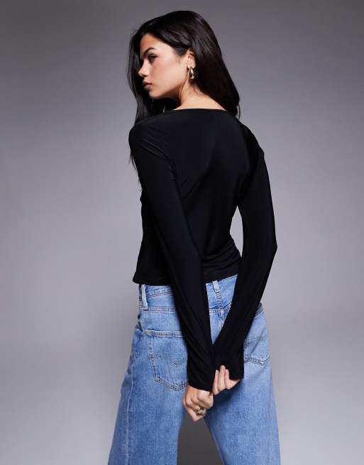 ASOS DESIGN - Sort stram og langærmet top med metaldetalje og dyb udskæring, 2 af 4