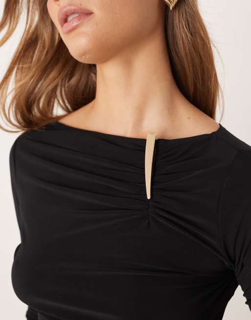 ASOS DESIGN - Sort stram og langærmet top med rynket kantdetalje - Del af sæt, 3 af 4