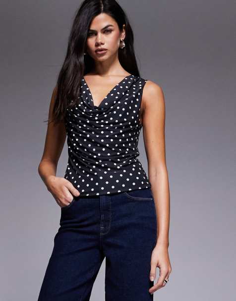 ASOS DESIGN - Sort stram top med polkaprikker og vandfaldsudskæring samt draperinger - view 1