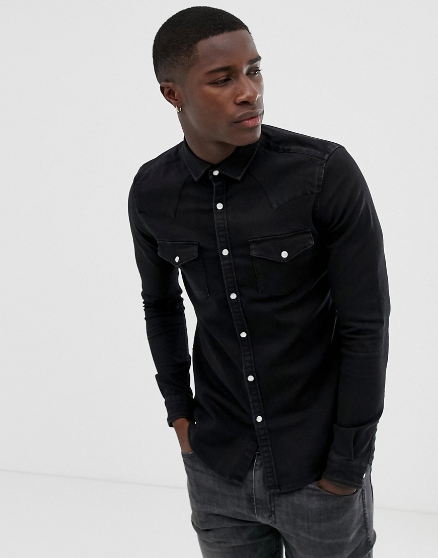 ASOS DESIGN sort, stramtsiddende westernskjorte i denim