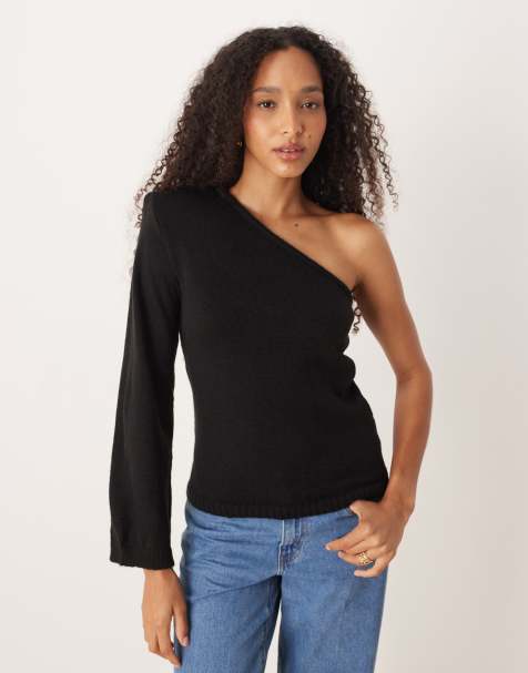 ASOS DESIGN - Sort-strikket oneshoulder-top med skulderpude - view 1