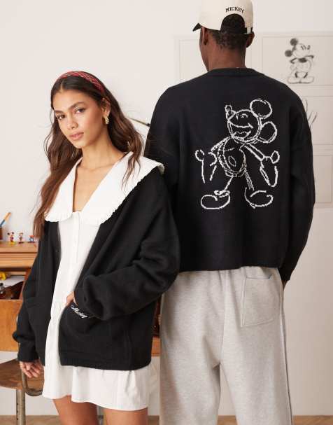 ASOS DESIGN - Sort strikket oversized cardigan med rund hals og 'Disney Mickey Mouse'-broderi i firkantet pasform - view 1