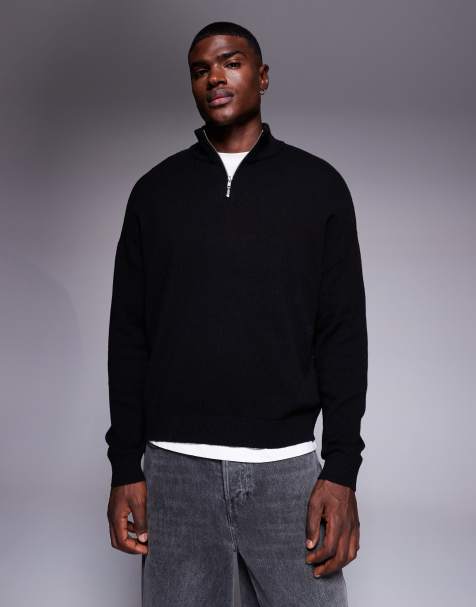 ASOS DESIGN - Sort strikket oversized trøje med halv lynlås i lammeuld - view 1