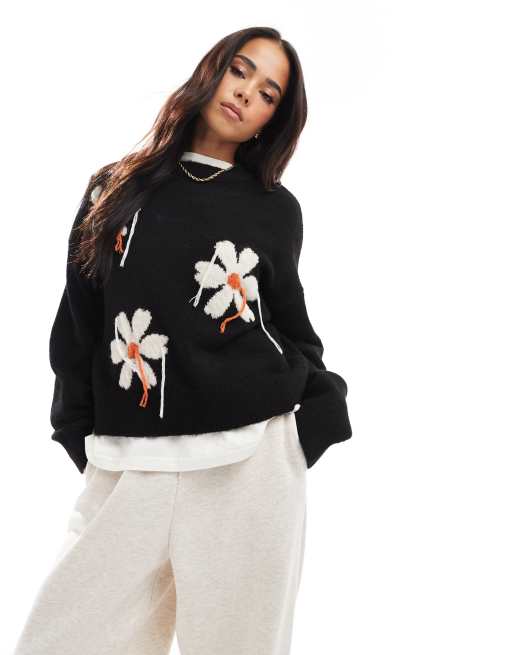 ASOS DESIGN - Sort strikket trøje med blomstermønster med frynsedetaljer