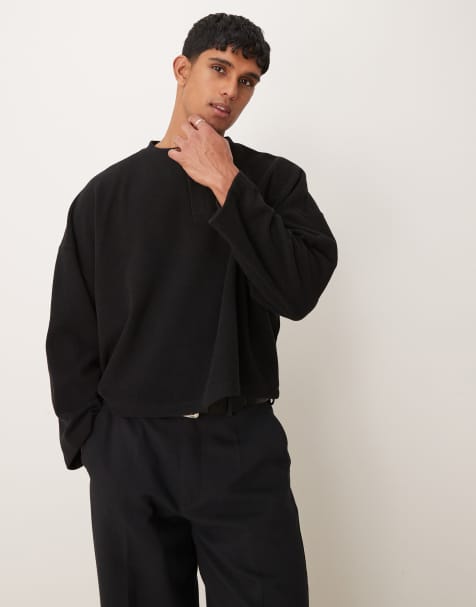 ASOS DESIGN - Sort super-oversized cropped henley-trøje i kraftig ribstrik - view 1