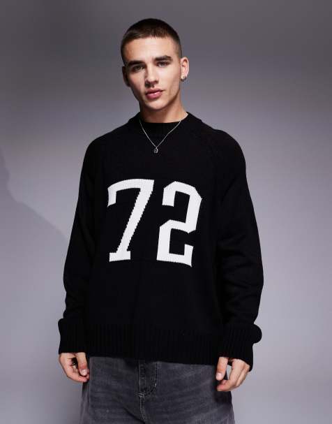 ASOS DESIGN - Sort, super-oversized og firkantet striktrøje med rund hals og strikket tal i 90'er stil - view 1