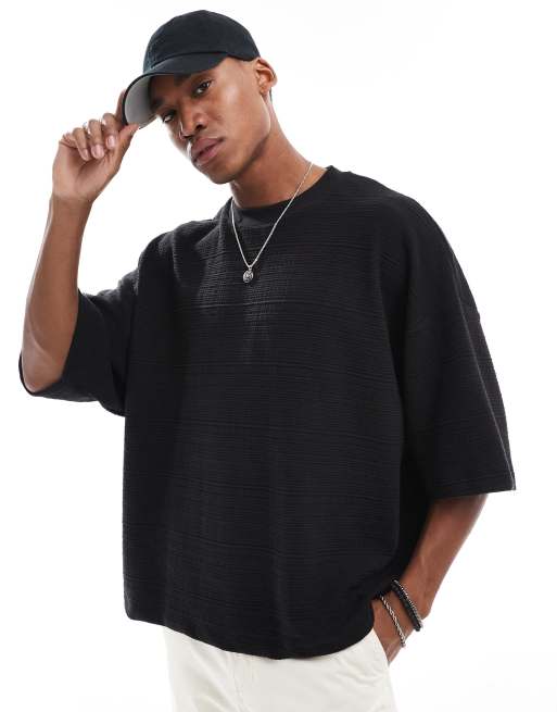 ASOS DESIGN - Sort super-oversized T-shirt med tekstur i firkantet pasform