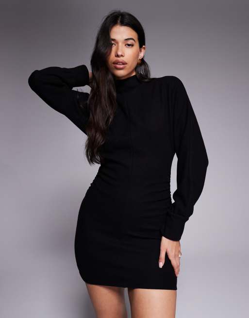 ASOS DESIGN - Sort superblød minikjole med flagermusærmer og høj ud-i-et-hals