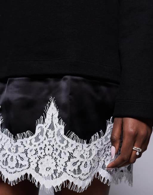 ASOS DESIGN - Sort superblød minikjole med ståkrave og kontrastfarvet blondekant, 3 af 4