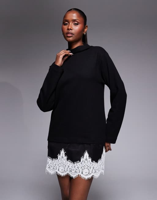 ASOS DESIGN - Sort superblød minikjole med ståkrave og kontrastfarvet blondekant, 4 af 4
