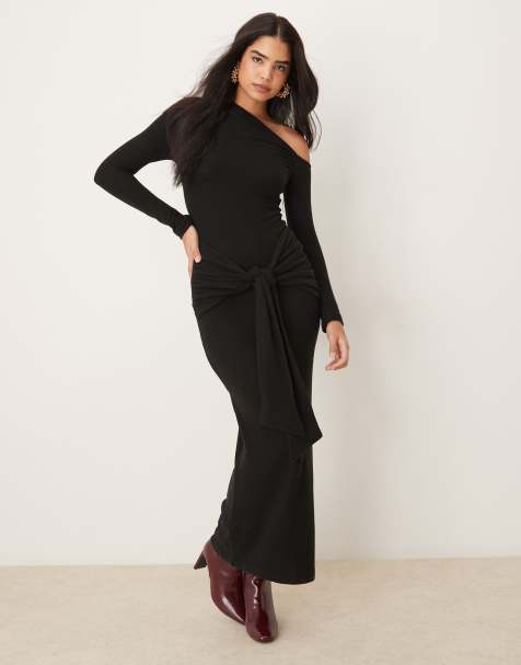 ASOS DESIGN - Sort, superblød og asymmetrisk maxikjole med bindebånd - view 1