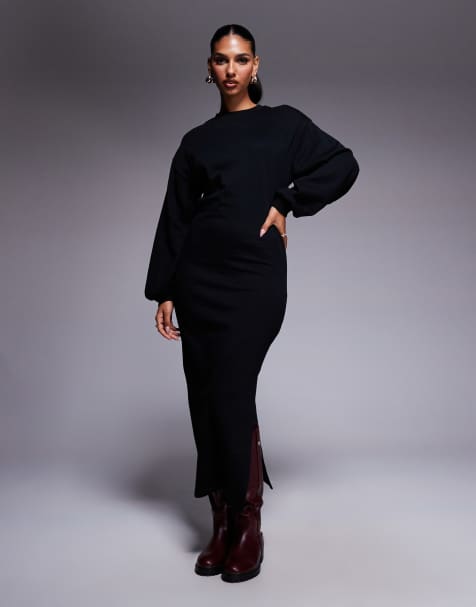 ASOS DESIGN - Sort sweat-midikjole med ballonærmer i bomuld - view 1