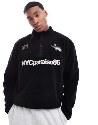 ASOS DESIGN - Sort sweatshirt med firkantet pasform i fleecemateriale med broderi og kort lynlås