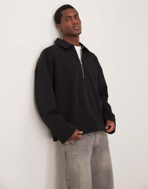ASOS DESIGN - Sort sweatshirt med krave med lynlås i kraftig kvalitet - view 1