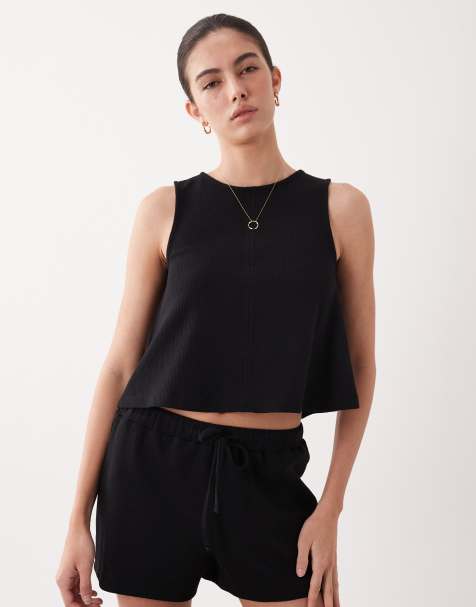 ASOS DESIGN - Sort swing-top med bindebånd bagpå og vaffeltekstur - Del af sæt - view 1