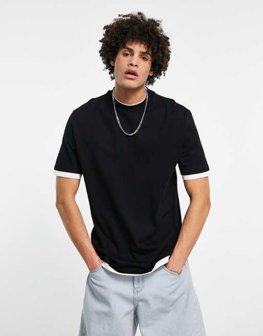 ASOS DESIGN - Sort T-shirt i dobbeltlag med hvid kontrastdel