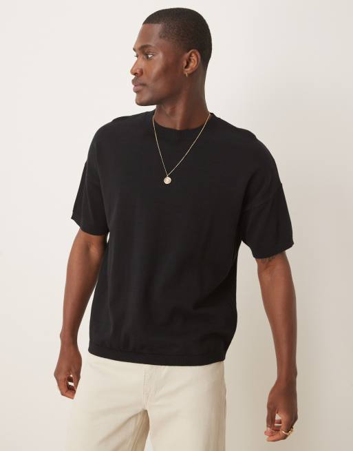 ASOS DESIGN - Sort T-shirt i mellemtung bomuldsstrik i afslappet pasform 