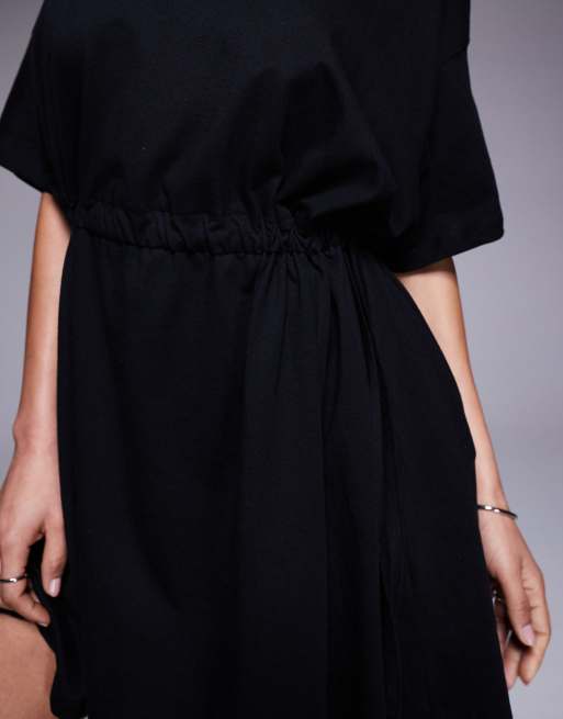 ASOS DESIGN - Sort T-shirt-kjole med smock og løbesnot i taljen i minilængde, 3 af 4
