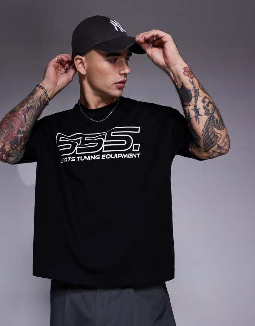 ASOS DESIGN - Sort T-shirt med firkantet og oversized pasform samt sportsgrafik