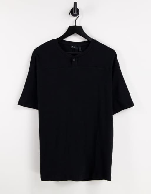 ASOS DESIGN - Sort T-shirt med vaffelstruktur, grandad-krave og korte ærmer i afslappet pasform 