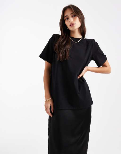 ASOS DESIGN - Sort T-shirt-midikjole med satin-nederdel med blonder i hybriddesign, 3 af 4