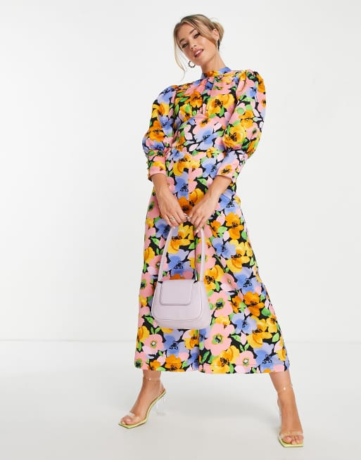ASOS DESIGN - Sort tea-jumpsuit i satin med ballonærmer og åben ryg og markant blomsterprint 