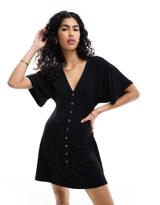 ASOS DESIGN - Sort tea-minikjole med opsmøgne ærmer og knapper foran