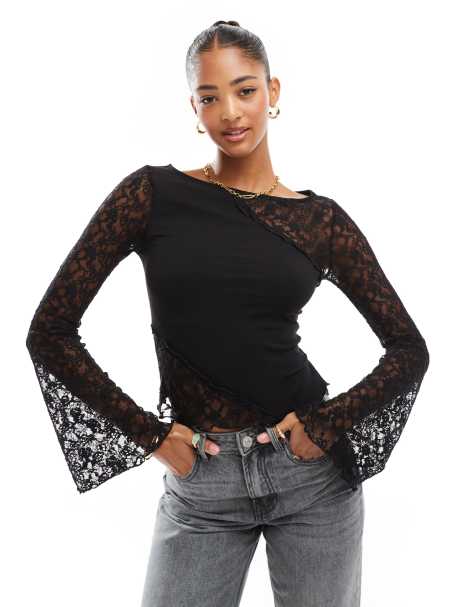 ASOS DESIGN - Sort top i blondestof med flagrende ærmer og sømdetaljer - view 1