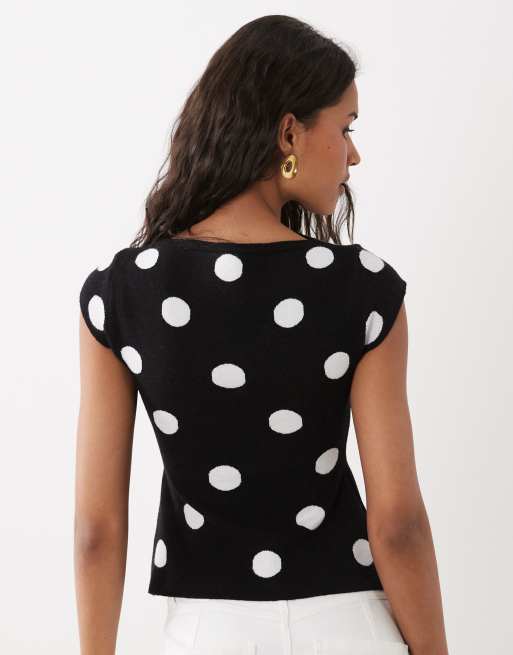 ASOS DESIGN - Sort top i fin strik med smal halsudskæring og polkaprikker, 4 af 4