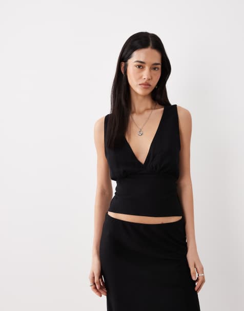 ASOS DESIGN - Sort top i hørblanding med halterneck - Del af sæt - view 1