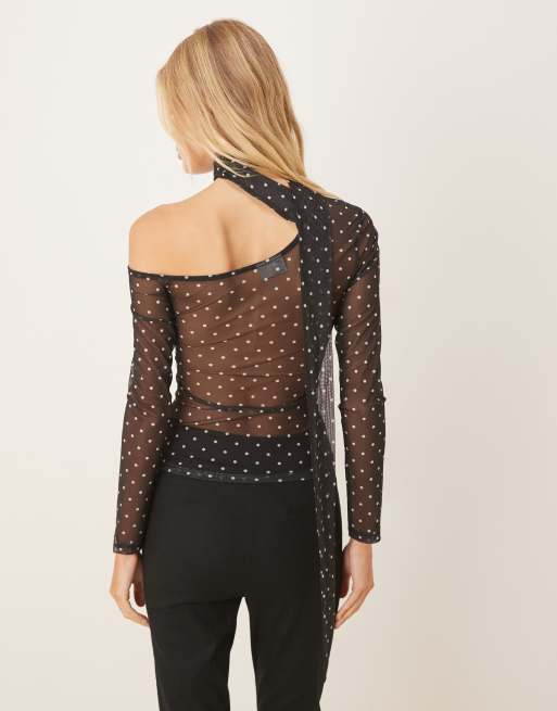 ASOS DESIGN - Sort top med asymmetrisk snit, lange ærmer, tørklædedetalje og polkaprikker i mesh, 4 af 4