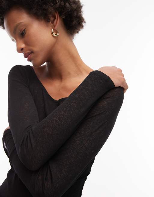 ASOS DESIGN - Sort top med dyb rund hals og lange ærmer i halvgennemsigtig mesh, 2 af 4
