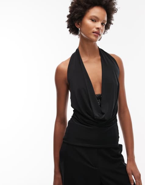 ASOS DESIGN - Sort top med dyb vandfaldsudskæring og pailletter - view 1