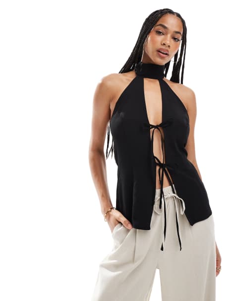 ASOS DESIGN - Sort top med halterneck og bindedetalje - view 1