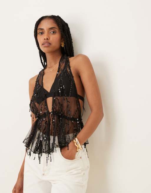 ASOS DESIGN - Sort top med halterneck og spredte pailletter i mesh