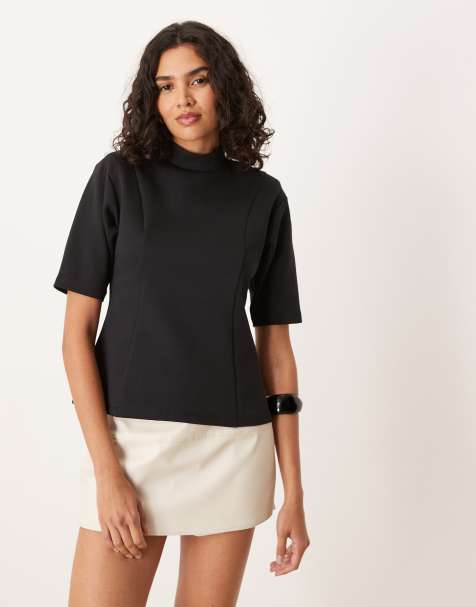 ASOS DESIGN - Sort top med høj hals, halve ærmer og interlock-sømdetaljer - view 1