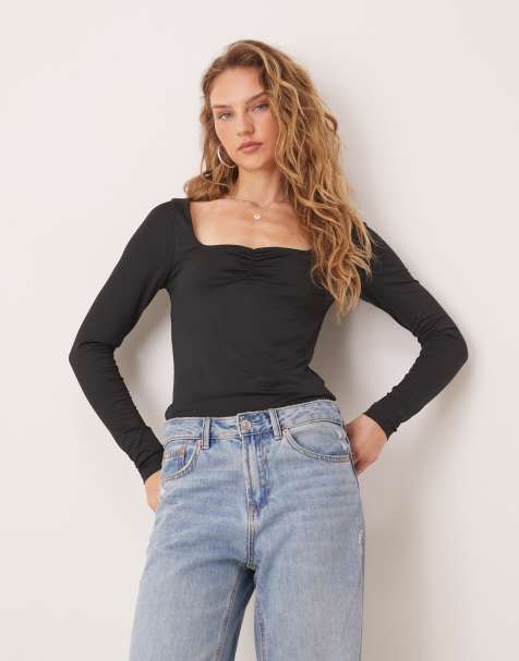 ASOS DESIGN - Sort top med hjerteformet hals og lange ærmer i dobbeltlag - view 1