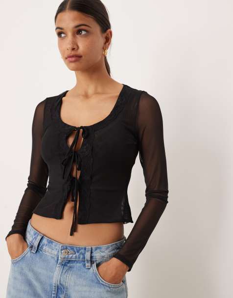 ASOS DESIGN - Sort top med lange ærmer, bindebånd foran og blondekanter i mesh - view 1