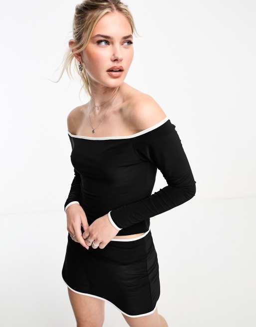 ASOS DESIGN - Sort top med offshoulder og bånd i kontrast - Del af sæt