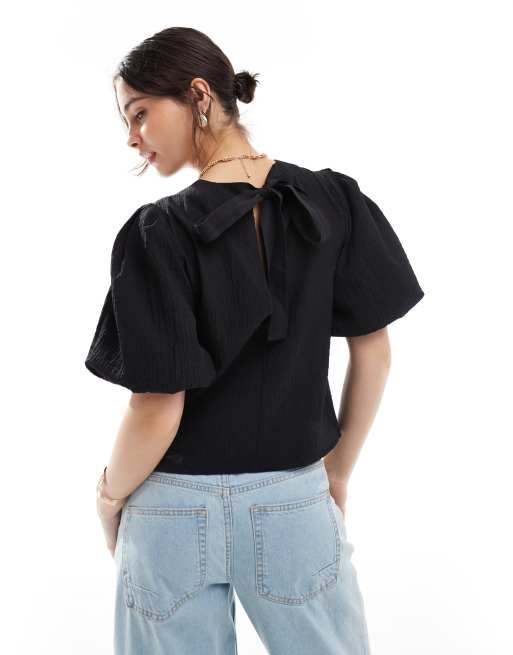 ASOS DESIGN - Sort top med pufærmer i krølstof, 4 af 4