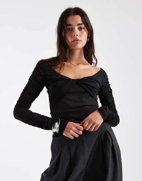 ASOS DESIGN - Sort top med sænkede skuldre, lange ærmer og snoning foran i mesh - view 1