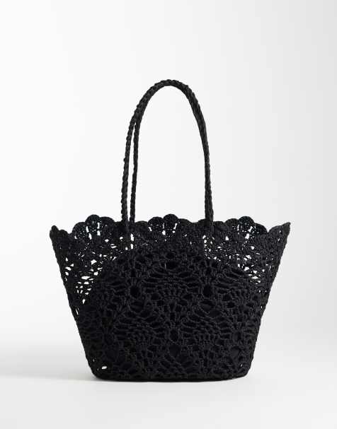 ASOS DESIGN - Sort totebag i hæklet materiale med blomstermønster og hank samt indvendig lomme - view 1