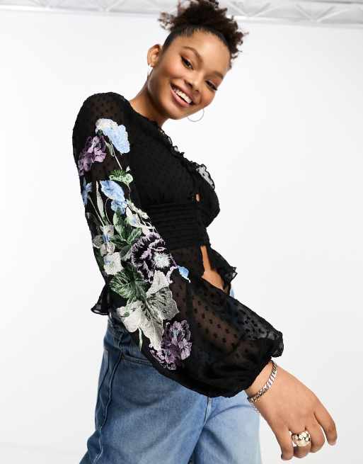 ASOS DESIGN - Sort transparent bluse med broderi på ærmerne