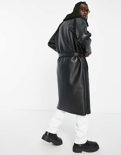 ASOS DESIGN - Sort trenchcoat i imiteret læder med kanter i imiteret lammeskind, 2 af 4