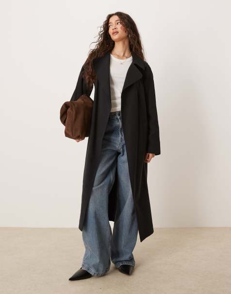 ASOS DESIGN - Sort trenchcoat med krave i vandfaldsdesign - view 1