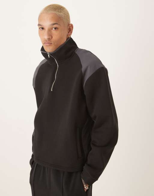 ASOS DESIGN - Sort trøje i fleece med kontrastpaneler i nylon og oversized firkantet pasform
