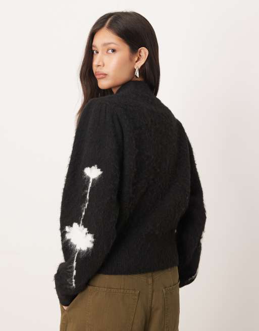 ASOS DESIGN - Sort trøje med hvide blomsterdetaljer og høj hals i børstet strik, 4 af 4