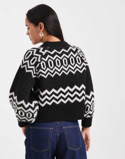 ASOS DESIGN - Sort trøje med rund hals og Fair Isle-mønster i struktureret strik, 3 af 4