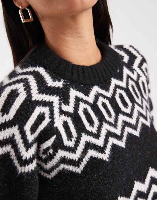 ASOS DESIGN - Sort trøje med rund hals og Fair Isle-mønster i struktureret strik, 4 af 4